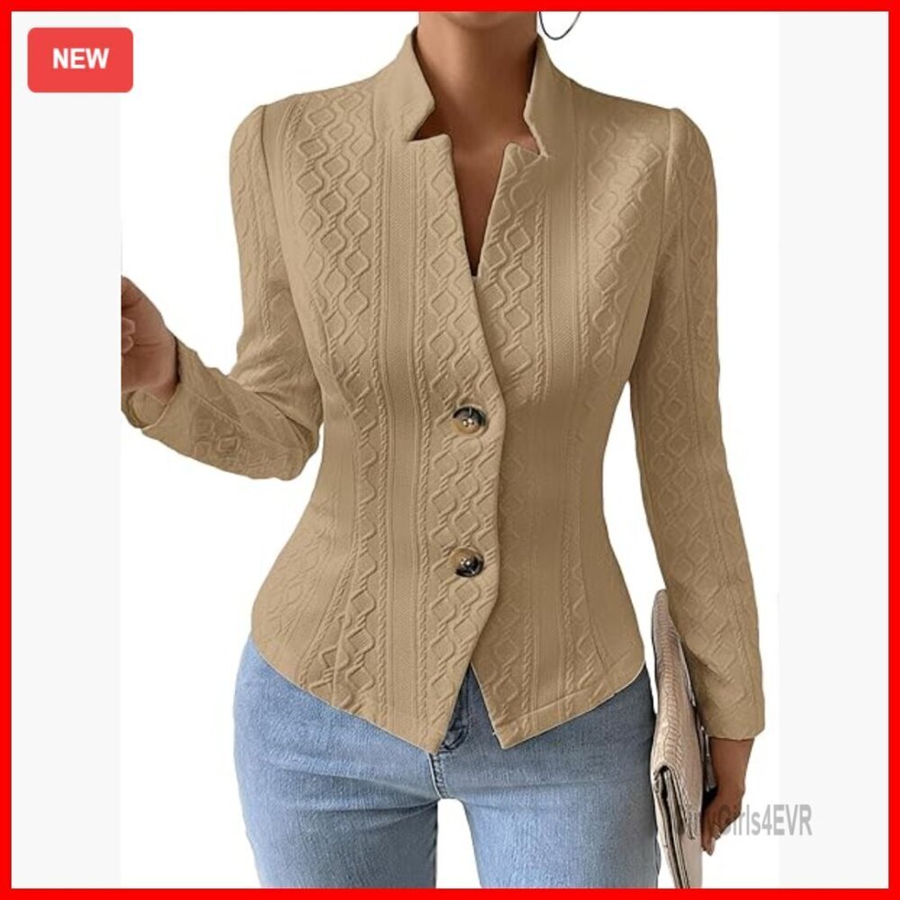 Petite Jacquard Sweater Blazer Slim Fit V-Neck Work Coat